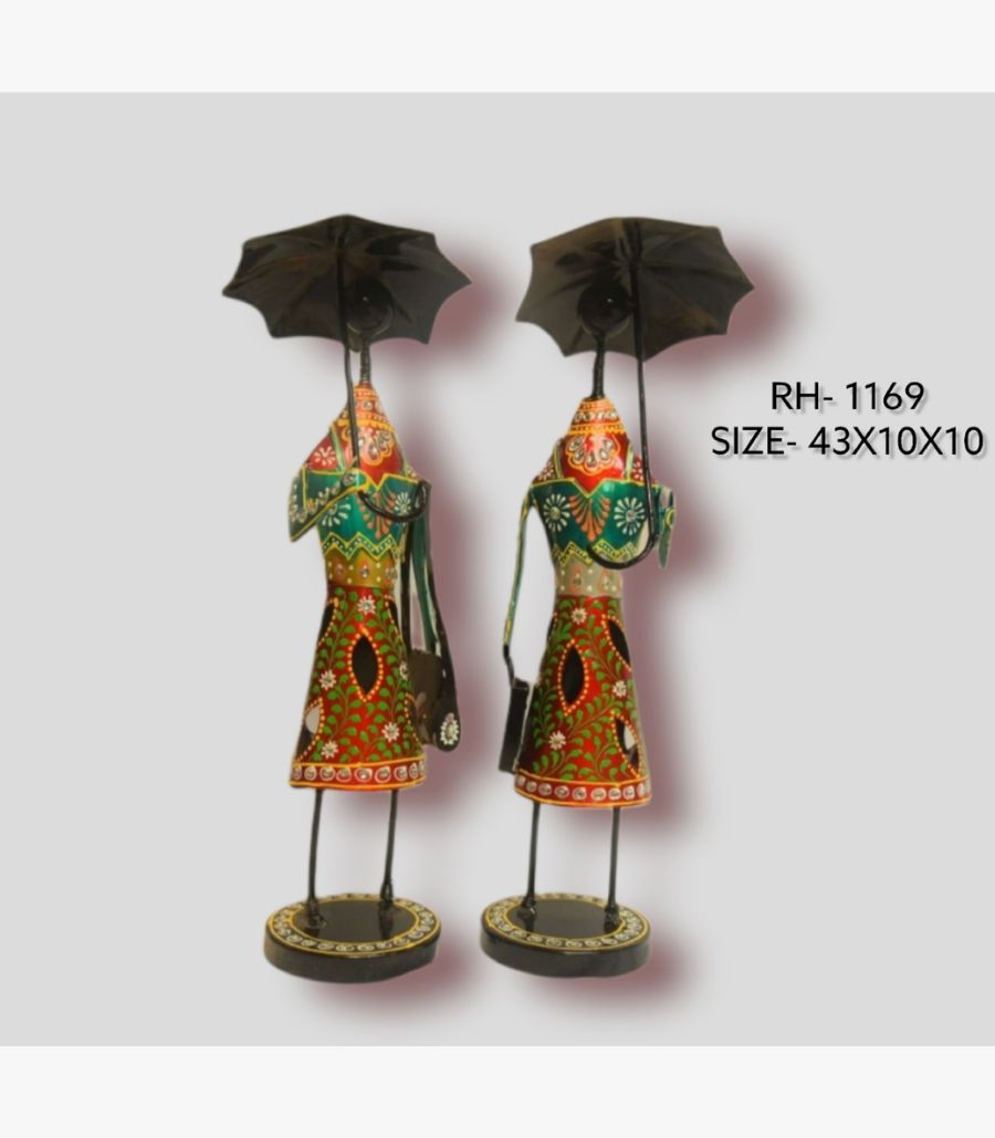 1 Handcrafted two-piece Rajasthani women with umbrellas iron sculpture set featuring hand-painted traditional green and red dresses on round pedestal bases.