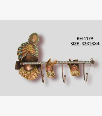 Handcrafted Lord Krishna flute and crown iron wall hook hanger featuring hand-painted traditional patterns and three storage hooks.