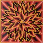 Handcrafted multi-layered laser-cut wooden mandala wall art featuring a 3D geometric solar bloom design in vibrant yellow, orange, crimson red, and black tones.