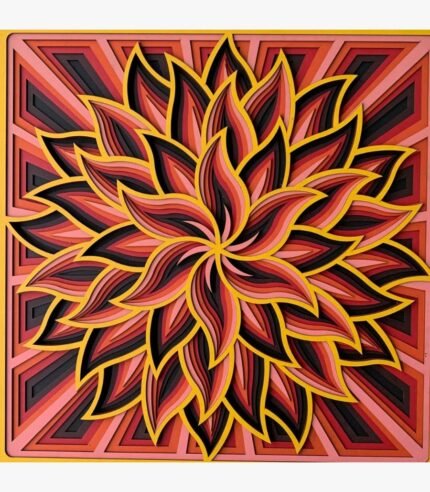 Handcrafted multi-layered laser-cut wooden mandala wall art featuring a 3D geometric solar bloom design in vibrant yellow, orange, crimson red, and black tones.