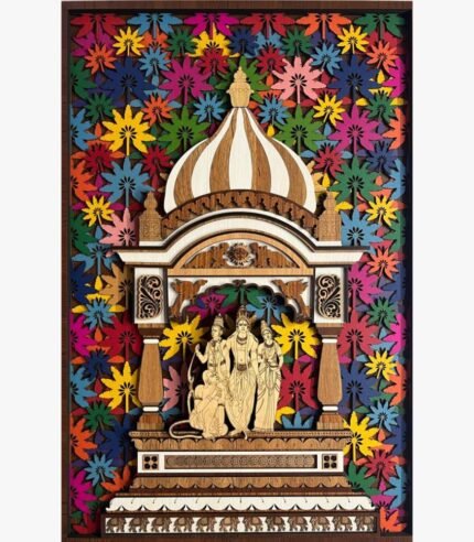 Handcrafted vertical 3D layered wooden wall panel titled Ram Darbar Mandir featuring Lord Ram, Sita, Laxman, and Hanuman under an ornate temple dome against a vibrant multicolored leaf background.