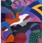 Original abstract acrylic on canvas painting titled Enchanted Reverie by Zainab Travadi featuring surreal feminine profiles, vibrant purple, pink, and orange geometric shapes, and whimsical nature motifs.