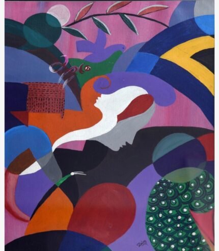 Original abstract acrylic on canvas painting titled Enchanted Reverie by Zainab Travadi featuring surreal feminine profiles, vibrant purple, pink, and orange geometric shapes, and whimsical nature motifs.