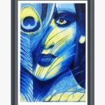 An abstract acrylic painting of Lord Krishna's face partially veiled by a vibrant peacock feather in shades of blue and yellow, created by artist Hitendra Nagani.