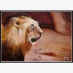 Original wildlife oil on canvas lion painting titled Untamed Majesty by Yesha Shah showing a detailed side profile of a male lion with a golden mane and intense gaze against an earthy background.