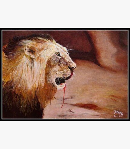 Original wildlife oil on canvas lion painting titled Untamed Majesty by Yesha Shah showing a detailed side profile of a male lion with a golden mane and intense gaze against an earthy background.