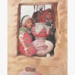 Original fine art oil painting titled Kutch by Dilip Bagda depicting traditional Gujarati rural women in colorful attire gathering with clay water pots inside a rustic mud house window frame.