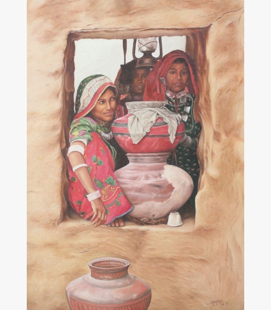 1 Original fine art oil painting titled Kutch by Dilip Bagda depicting traditional Gujarati rural women in colorful attire gathering with clay water pots inside a rustic mud house window frame.