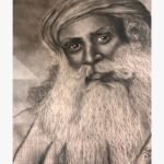Original realistic charcoal portrait painting titled Mystic Reflections by Sachi Patel depicting a detailed close-up of Sadhguru with an intense gaze, flowing white beard, and traditional turban.