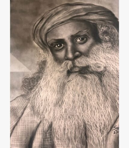 Original realistic charcoal portrait painting titled Mystic Reflections by Sachi Patel depicting a detailed close-up of Sadhguru with an intense gaze, flowing white beard, and traditional turban.