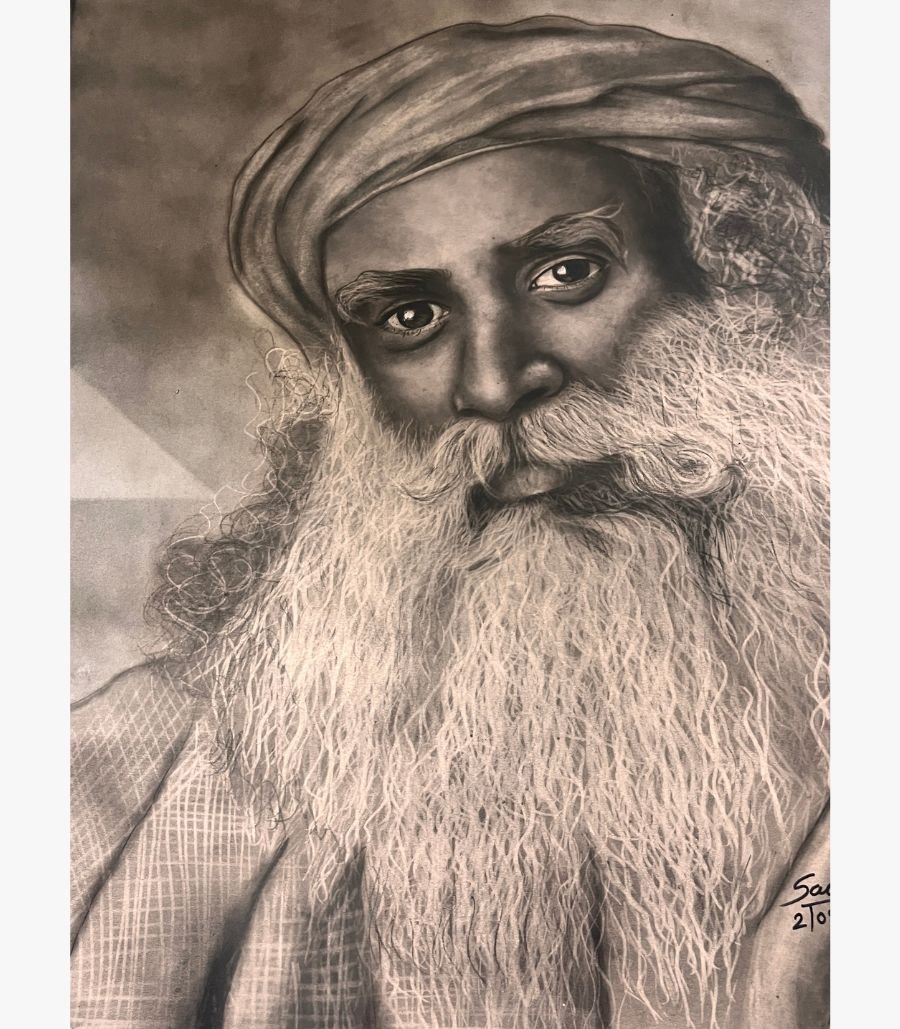 1 Original realistic charcoal portrait painting titled Mystic Reflections by Sachi Patel depicting a detailed close-up of Sadhguru with an intense gaze, flowing white beard, and traditional turban.