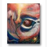A surrealist mixed media painting featuring a cosmic eye, a blooming lotus with a beam of light, a silhouette in a doorway, and a white feather against a vibrant red and blue background by Nirali Soni.