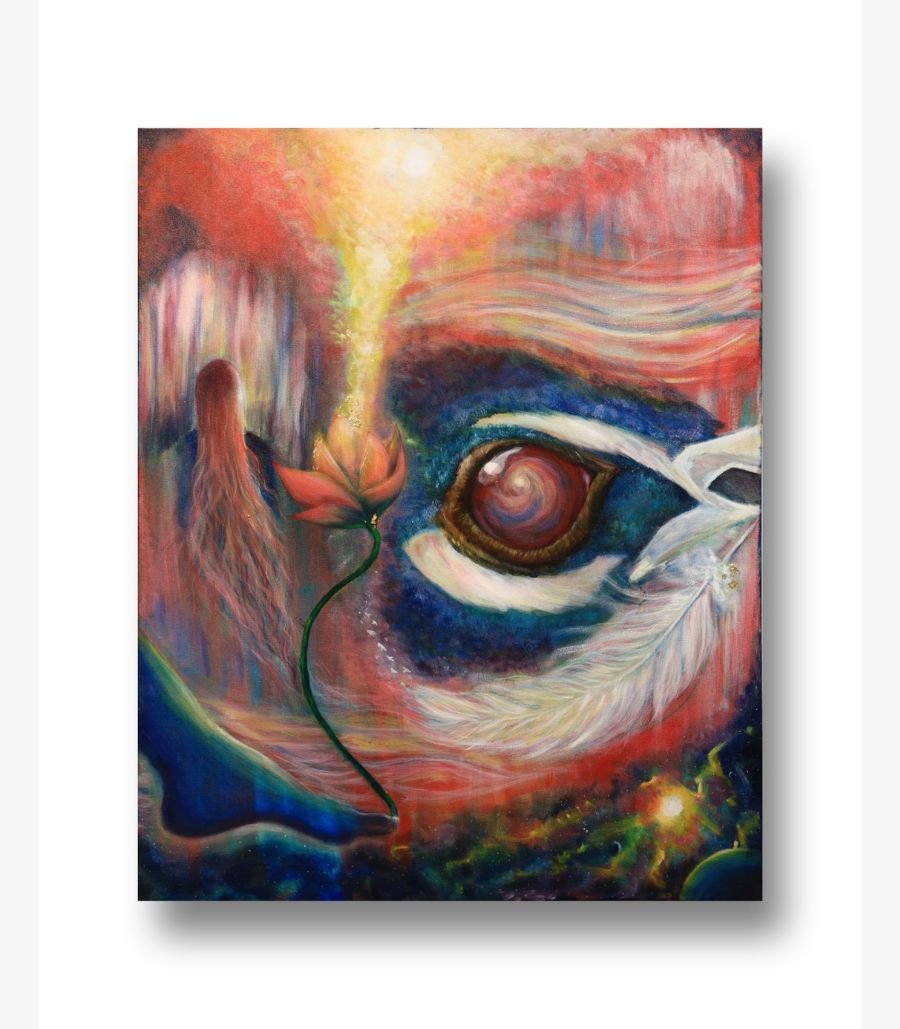 Nirali Soni - The Awakening Soul A surrealist mixed media painting featuring a cosmic eye, a blooming lotus with a beam of light, a silhouette in a doorway, and a white feather against a vibrant red and blue background by Nirali Soni.