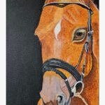 A detailed close-up acrylic painting of a chestnut horse wearing a black bridle against a solid black background, showcasing intricate brushstrokes on the fur.
