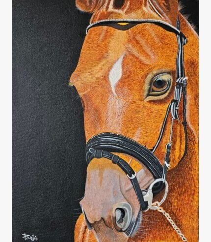 A detailed close-up acrylic painting of a chestnut horse wearing a black bridle against a solid black background, showcasing intricate brushstrokes on the fur.