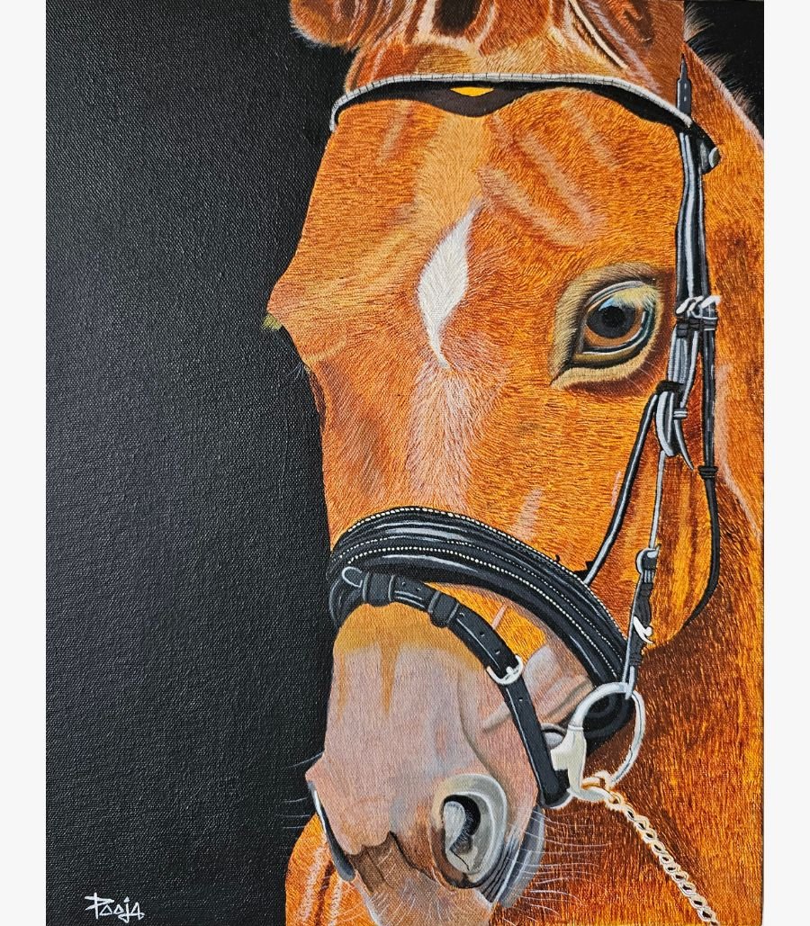Pooja Dodhiya - Majestic Amber - Acrylic Painting A detailed close-up acrylic painting of a chestnut horse wearing a black bridle against a solid black background, showcasing intricate brushstrokes on the fur.