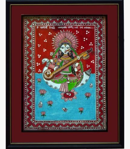 A traditional Madhubani style acrylic painting on canvas of Goddess Saraswati holding a Veena, seated on a swan amidst a lotus pond, by Vidhi Joshi.