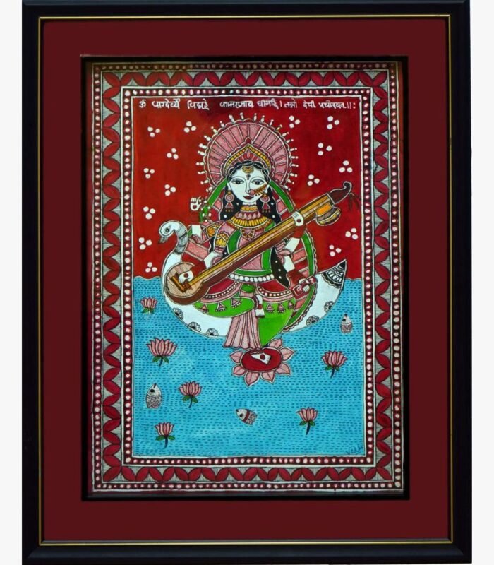 A traditional Madhubani style acrylic painting on canvas of Goddess Saraswati holding a Veena, seated on a swan amidst a lotus pond, by Vidhi Joshi.