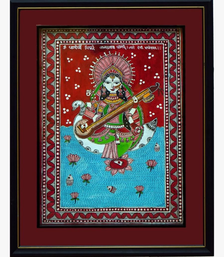 Vidhi Joshi - Devi Saraswati - Acrylic on Canvas A traditional Madhubani style acrylic painting on canvas of Goddess Saraswati holding a Veena, seated on a swan amidst a lotus pond, by Vidhi Joshi.