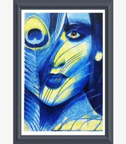 An abstract acrylic painting of Lord Krishna's face partially veiled by a vibrant peacock feather in shades of blue and yellow, created by artist Hitendra Nagani.