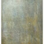 Original abstract expressionist painting Whispering Earth by Virendra Kumar, featuring heavy organic textures in muted gold, grey, and earth tones in acrylic on canvas.