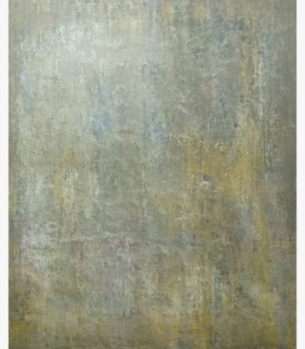 Original abstract expressionist painting Whispering Earth by Virendra Kumar, featuring heavy organic textures in muted gold, grey, and earth tones in acrylic on canvas.