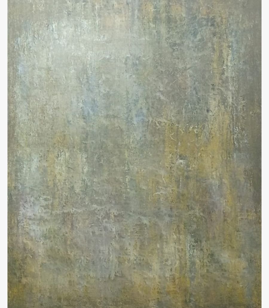 Virendra Kumar - Whispering Earth - Acrylic on Canvas Original abstract expressionist painting Whispering Earth by Virendra Kumar, featuring heavy organic textures in muted gold, grey, and earth tones in acrylic on canvas.