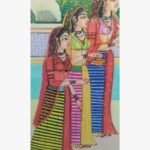 Original traditional Indian painting Royal Gopis by Birva Kalsara, featuring three royal women in traditional lehengas and fine jewelry in water color on paper.
