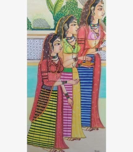 Original traditional Indian painting Royal Gopis by Birva Kalsara, featuring three royal women in traditional lehengas and fine jewelry in water color on paper.