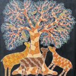 Tribal Gond Art painting by Neha Jain featuring an intricate tree of life with birds and three deer on a dark background, hand-painted in acrylic on canvas.