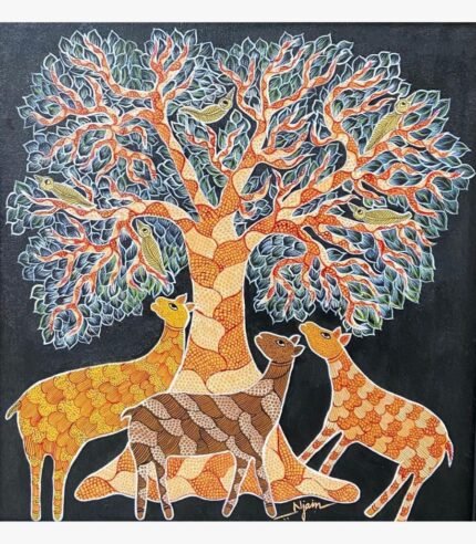 Tribal Gond Art painting by Neha Jain featuring an intricate tree of life with birds and three deer on a dark background, hand-painted in acrylic on canvas.