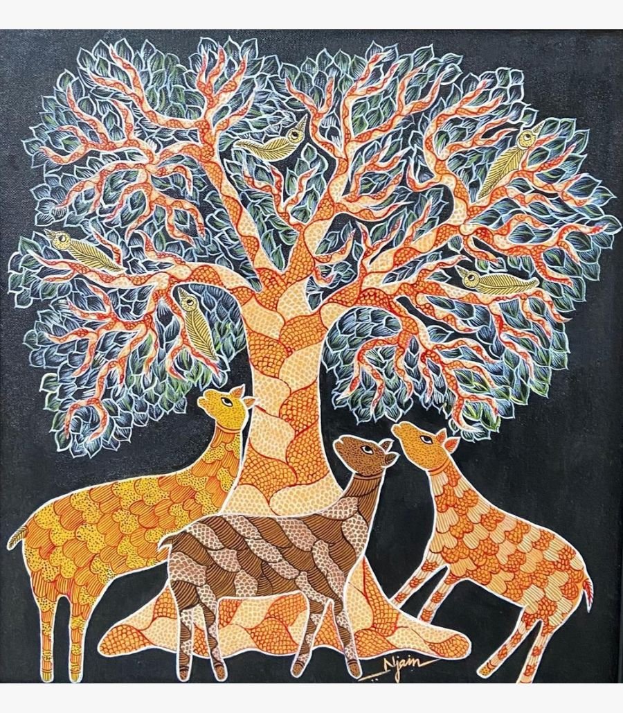Neha Jain - Tribal Gond Art - Acrylic on Canvas Tribal Gond Art painting by Neha Jain featuring an intricate tree of life with birds and three deer on a dark background, hand-painted in acrylic on canvas.