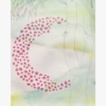 Moonlit Lotus mixed media painting by Harshita Siddhpura featuring small pink lotus flowers arranged in a crescent moon shape with delicate willow-like branches and a soft pastel watercolor background.