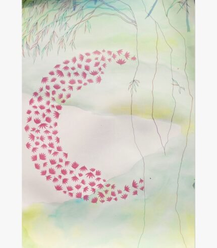 Moonlit Lotus mixed media painting by Harshita Siddhpura featuring small pink lotus flowers arranged in a crescent moon shape with delicate willow-like branches and a soft pastel watercolor background.