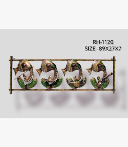 Contemporary handmade metal wall art panel featuring four musical Ganesha figures playing instruments within a rectangular frame.