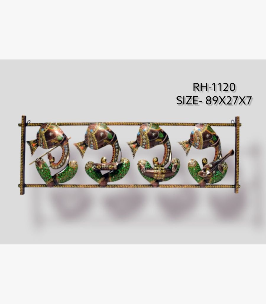 1 Contemporary handmade metal wall art panel featuring four musical Ganesha figures playing instruments within a rectangular frame.