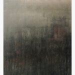 Original moody abstract painting Shadowed Horizon by Virendra Kumar, featuring a gradient from foggy grey down to a deeply textured charcoal black canvas base.