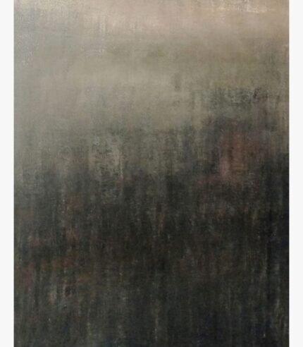 Original moody abstract painting Shadowed Horizon by Virendra Kumar, featuring a gradient from foggy grey down to a deeply textured charcoal black canvas base.