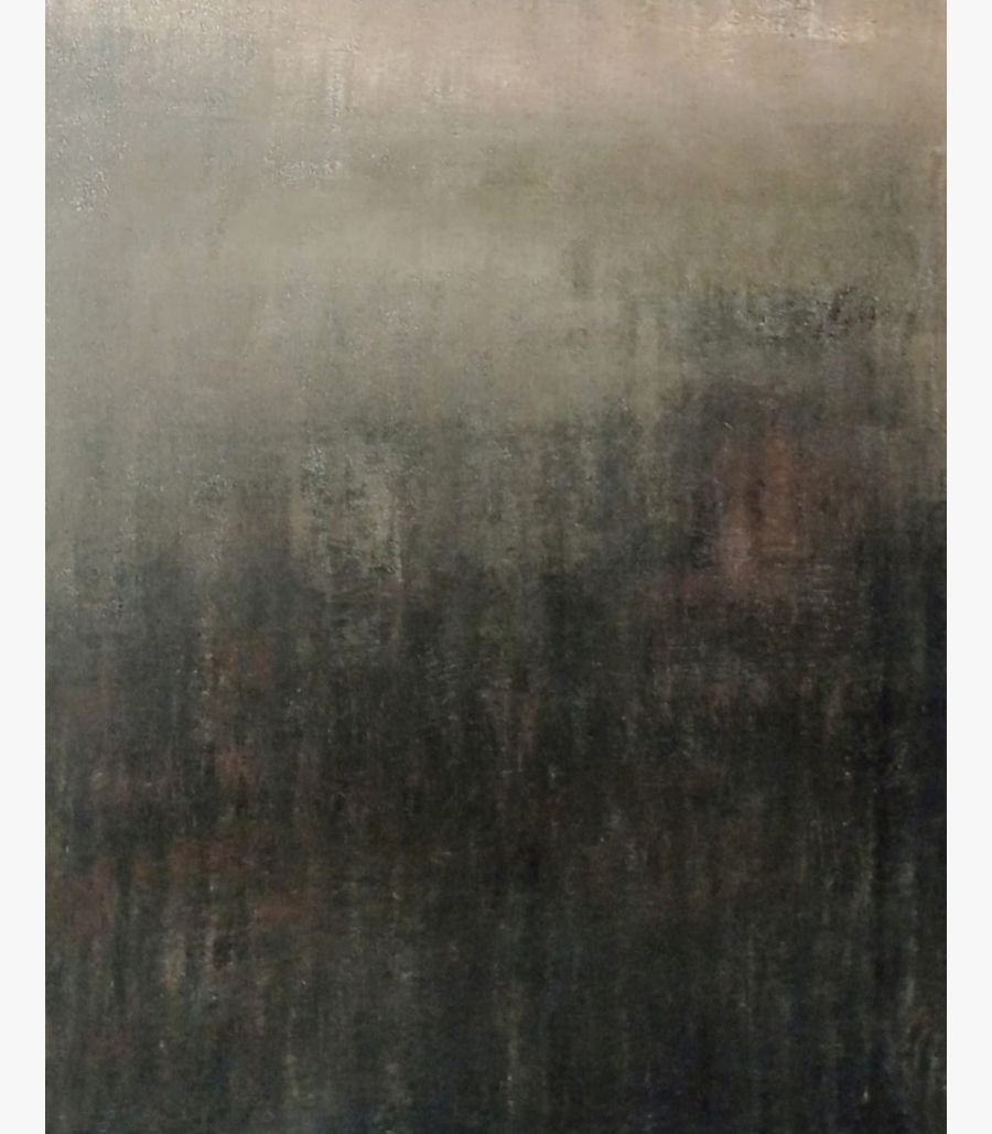 Virendra Kumar - Shadowed Horizon - Acrylic on Canvas Original moody abstract painting Shadowed Horizon by Virendra Kumar, featuring a gradient from foggy grey down to a deeply textured charcoal black canvas base.