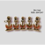 Handcrafted five-piece Rajasthani musicians iron sculpture set featuring hand-painted orange patterned crescent dhotis, multi-colored turbans, and traditional folk instruments on flat oval bases.
