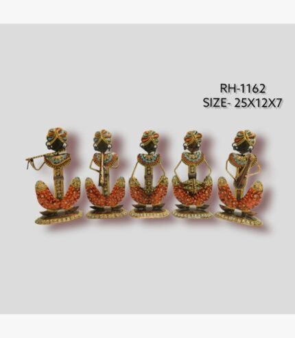 Handcrafted five-piece Rajasthani musicians iron sculpture set featuring hand-painted orange patterned crescent dhotis, multi-colored turbans, and traditional folk instruments on flat oval bases.