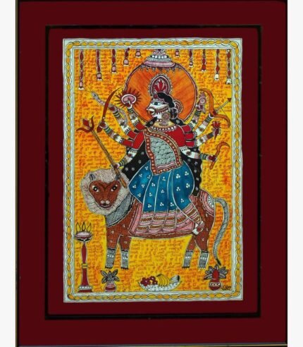 A traditional Madhubani style acrylic painting on canvas of Goddess Durga holding weapons and riding her lion vehicle against a yellow background with Devanagari script mantras by Vidhi Joshi.