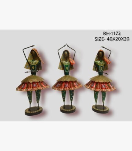 Handcrafted three-piece Rajasthani Ghoomar dancers iron sculpture set featuring hand-painted red flared skirts, green blouses, golden mesh belts, and traditional veils.