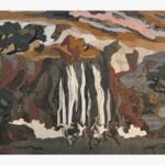 Handcrafted surreal wood inlay marquetry wall art titled Whispering Waterfall showing a mystical woman's profile blending into a mountain landscape with galloping horses below.