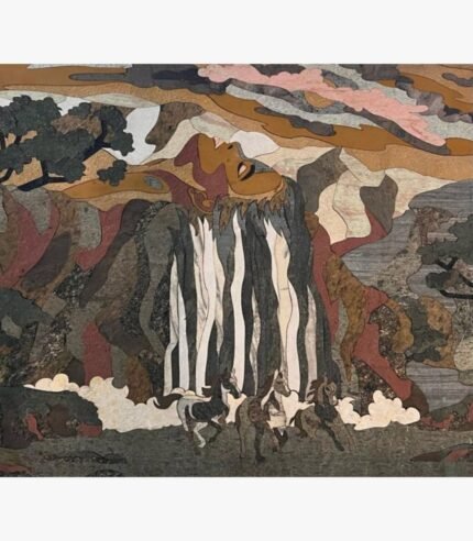 Handcrafted surreal wood inlay marquetry wall art titled Whispering Waterfall showing a mystical woman's profile blending into a mountain landscape with galloping horses below.