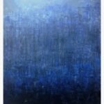 Original abstract indigo blue painting Indigo Twilight by Virendra Kumar, featuring complex vertical cross-hatched scoring and layered dark textures in acrylic on canvas.