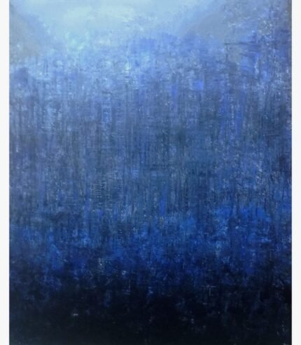 Original abstract indigo blue painting Indigo Twilight by Virendra Kumar, featuring complex vertical cross-hatched scoring and layered dark textures in acrylic on canvas.