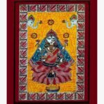 A traditional Madhubani style acrylic painting on canvas of Goddess Lakshmi seated on a lotus with twin elephants pouring water against a yellow background with Devanagari script mantras by Vidhi Joshi.