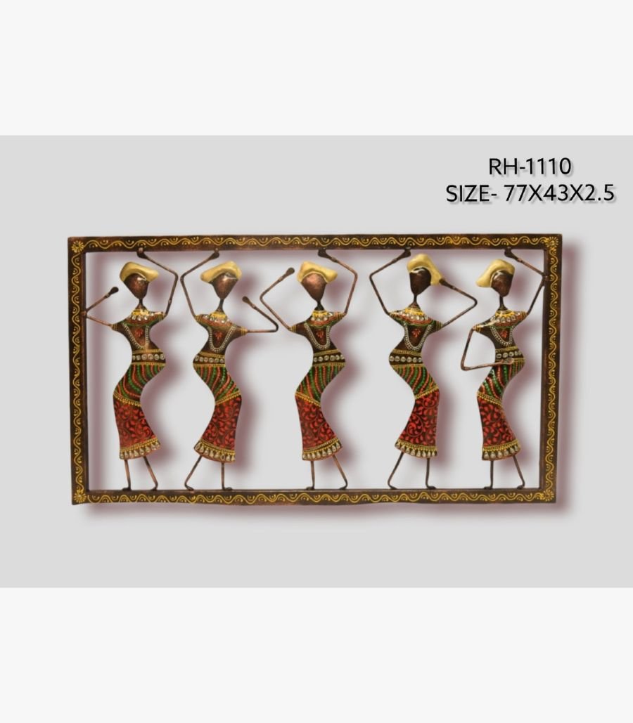 11 Handcrafted tribal women dancing metal wall art panel featuring five stylized female figures with traditional headgear in rhythmic postures within a patterned rectangular frame.
