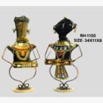Handcrafted two-piece Rajasthani tribal couple iron sculpture set featuring hand-painted traditional musician figurines with looped wire legs on round base plinths.